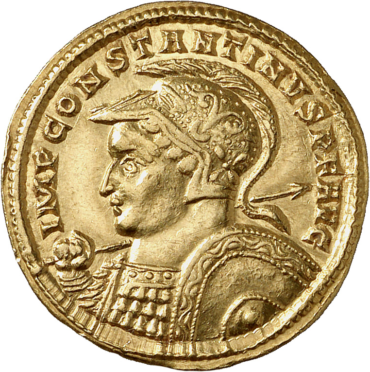 Constantine I obverse — Bust of Constantine I, helmeted, cuirassed, left, holding spear over right shoulder and shield on left arm