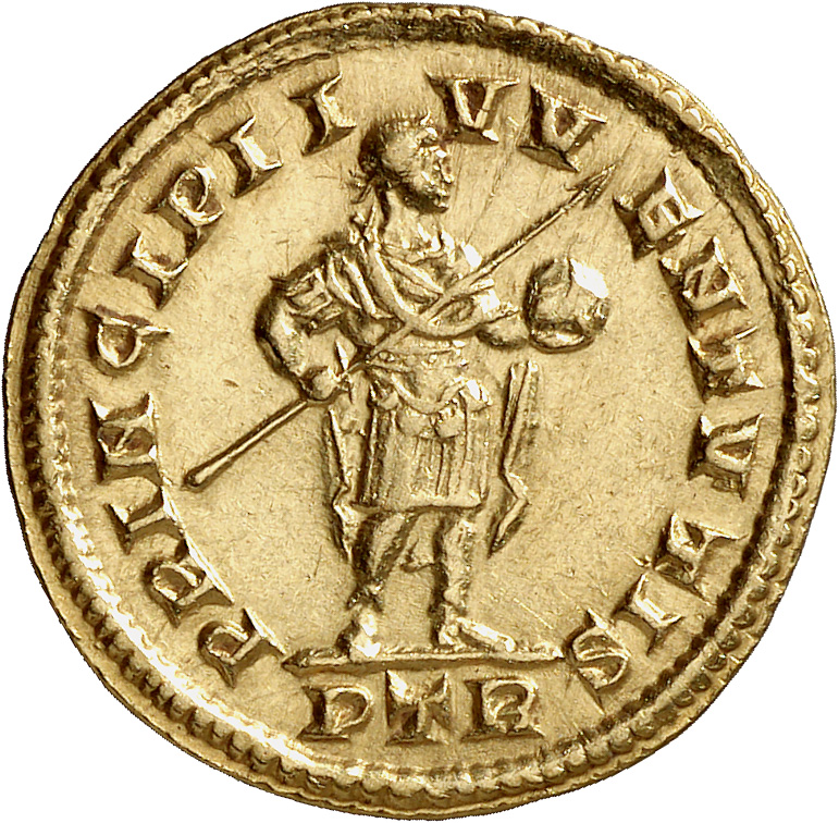 Constantine I reverse — Constantine I, draped, cuirassed, standing front, head right, holding transverse spear in right hand and globe in left hand
