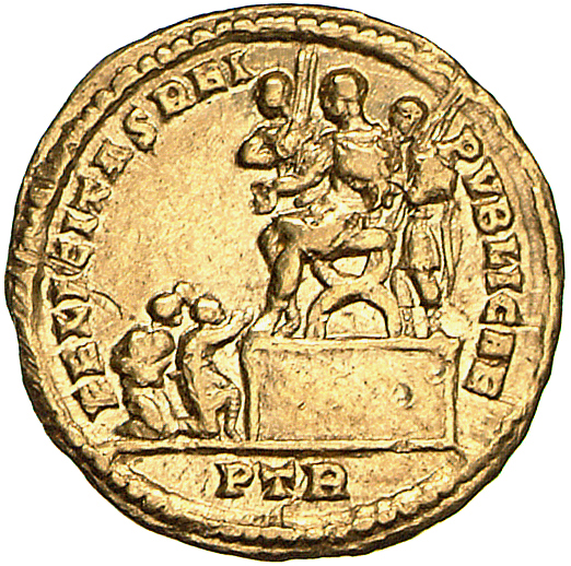 RIC VI Treveri 810 Constantine I reverse, Constantine I, draped, seated left on garlanded or plain platform; on either sid...