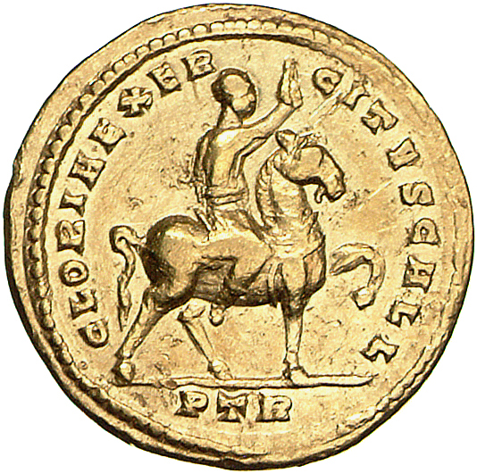 RIC VI Treveri 812 Constantine I reverse, Constantine I, draped, cuirassed, riding right on slow-stepping horse, raising r...
