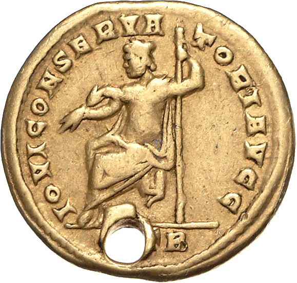 RIC VI Treveri 813 Constantine I reverse, Jupiter, nude to waist, seated left on throne, holding thunderbolt in right hand...