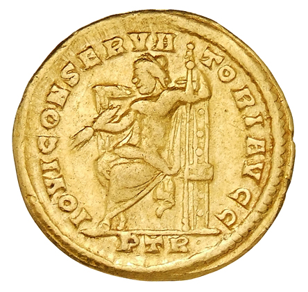 RIC VI Treveri 813 Constantine I reverse — Jupiter, nude to waist, seated left on throne, holding thunderbolt in right han...
