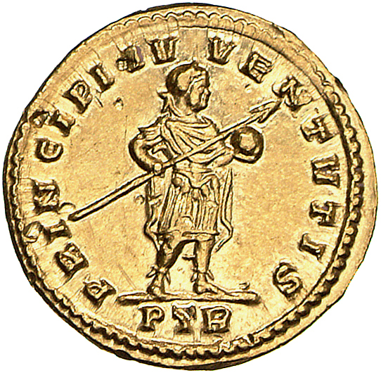 Constantine I reverse — Constantine I, draped, cuirassed, standing front, head right, holding transverse spear in right hand and globe in left hand