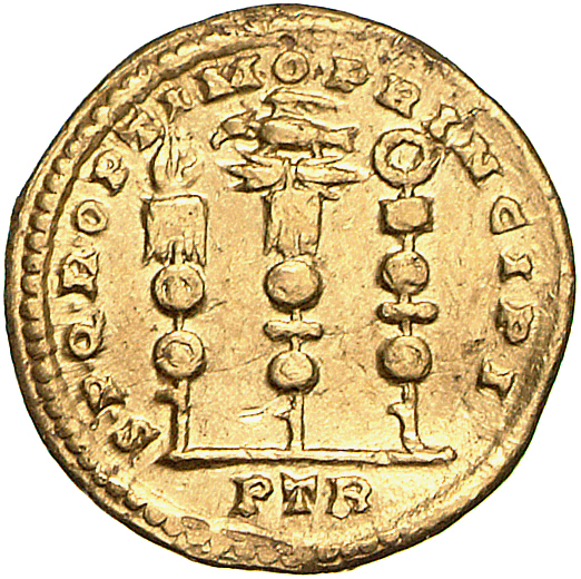 RIC VI Treveri 815 Constantine I reverse, Legionary eagle, standing left; to left, standard surmounted by hand; to right, ...