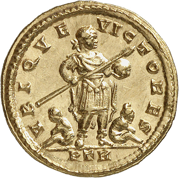 Constantine I reverse — Licinius, draped, cuirassed, standing front, head right, holding transverse spear in right hand and globe in left hand; on either side, seated captive