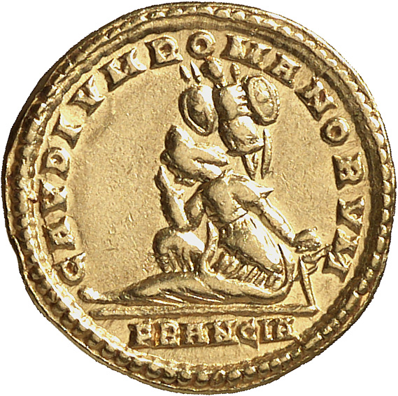 Constantine I reverse — Francia, wearing pointed cap, draped, seated left on ground, head low, resting head in right hand and resting left hand on ground; to right above, trophy; in exergue, FRANCIA