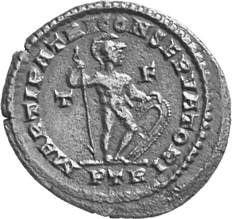 RIC VI Treveri 831 Constantine I reverse, Mars, helmeted, standing right, leaning on reversed spear with right hand and pl...
