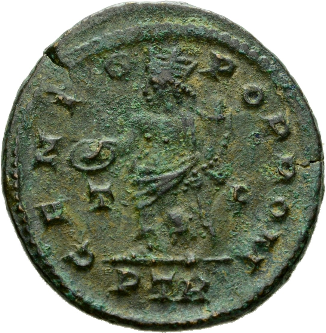 RIC VI Treveri 845b Constantine I reverse, Genius, turreted, nude, loins draped, standing left, holding patera in right ha...