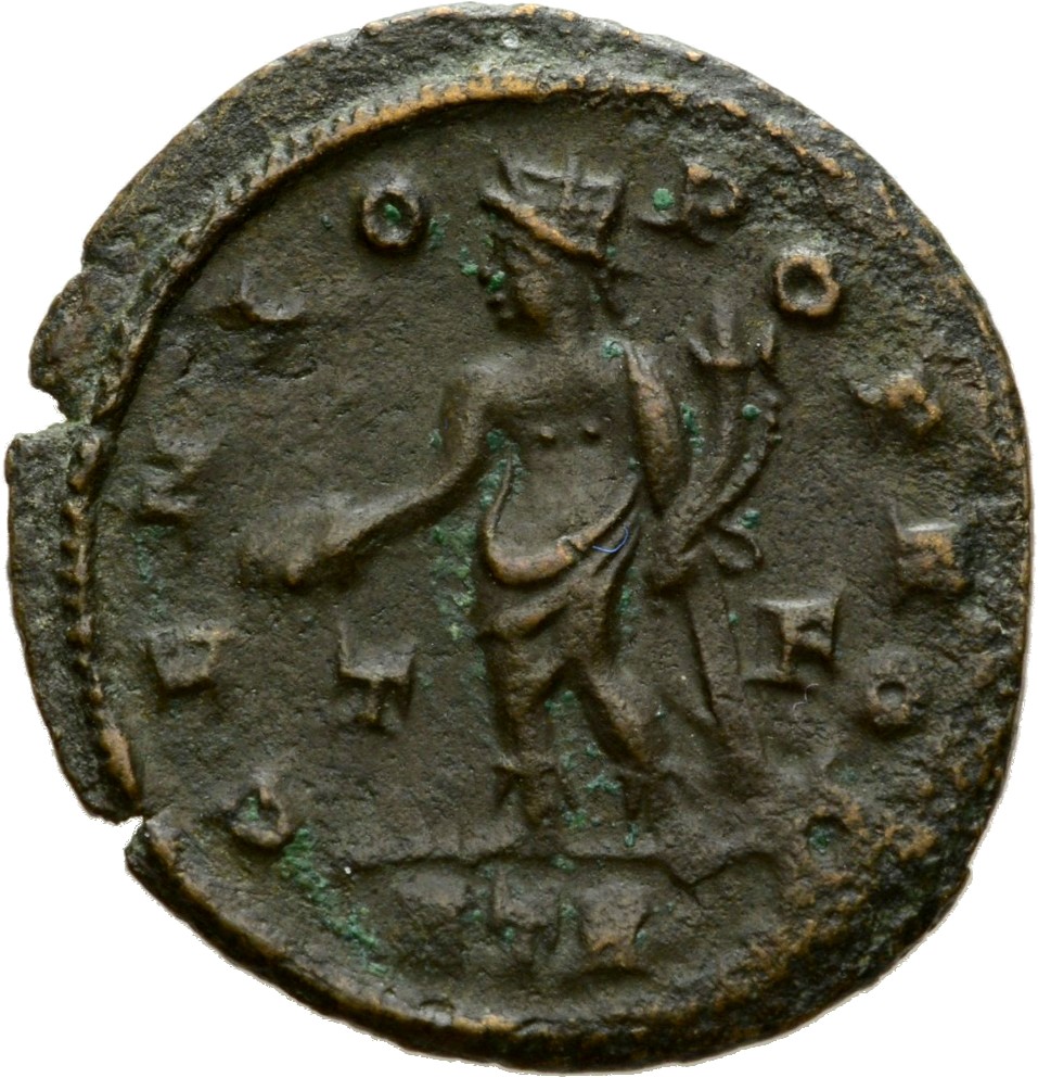 RIC VI Treveri 847 Constantine I reverse, Genius, turreted, nude, loins draped, standing left, holding patera in right han...