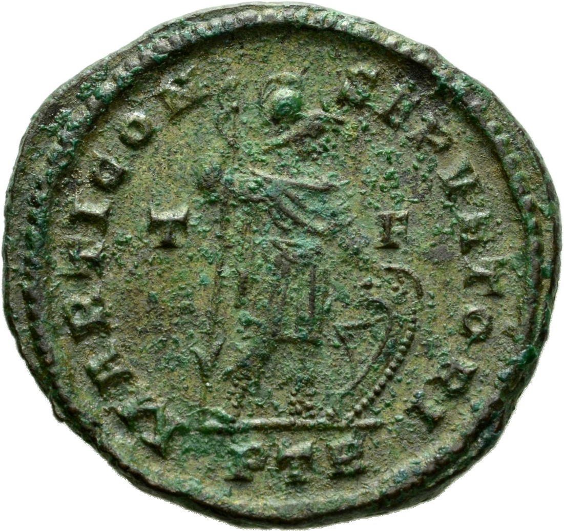 RIC VI Treveri 858 Constantine I reverse, Mars, helmeted, standing right, leaning on reversed spear with right hand and pl...