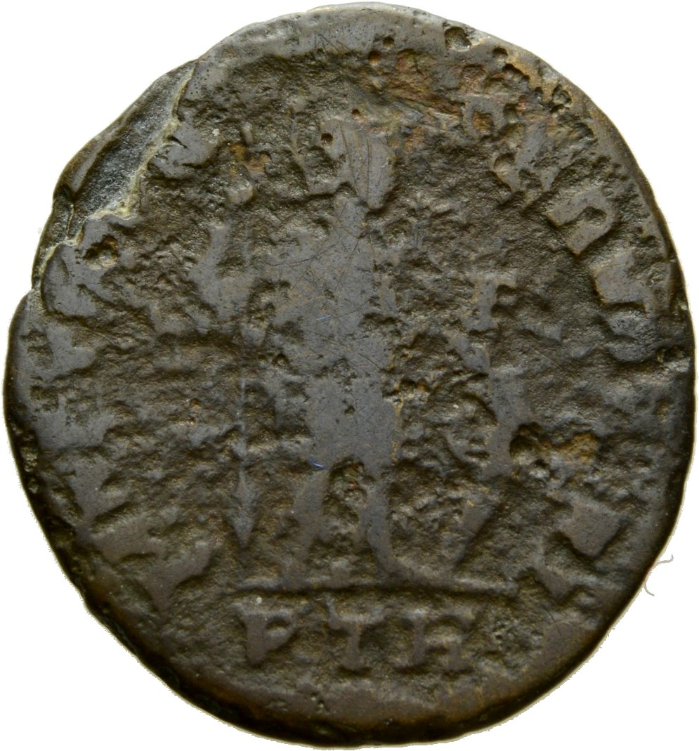RIC VI Treveri 862 Constantine I reverse, Mars, helmeted, standing right, leaning on reversed spear with right hand and pl...