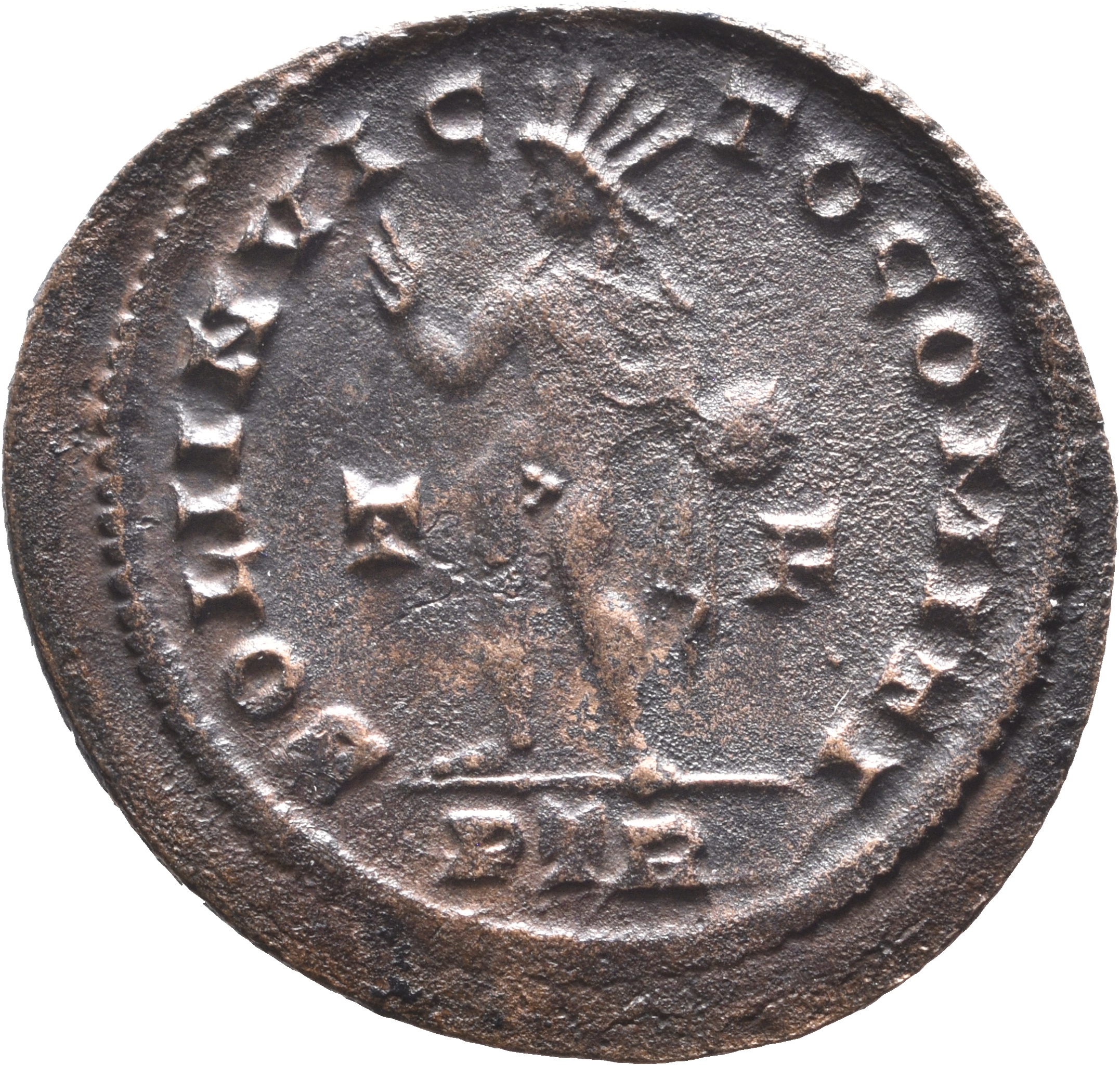 RIC VI Treveri 865 Constantine I reverse, Sol, chlamys draped over left shoulder, standing left (or standing front, head l...