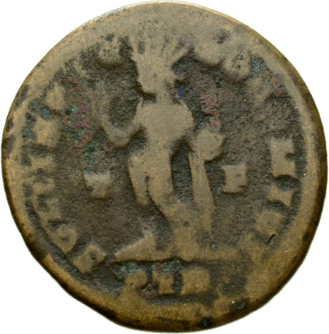 RIC VI Treveri 870 Constantine I reverse, Sol, chlamys draped over left shoulder, standing left (or standing front, head l...
