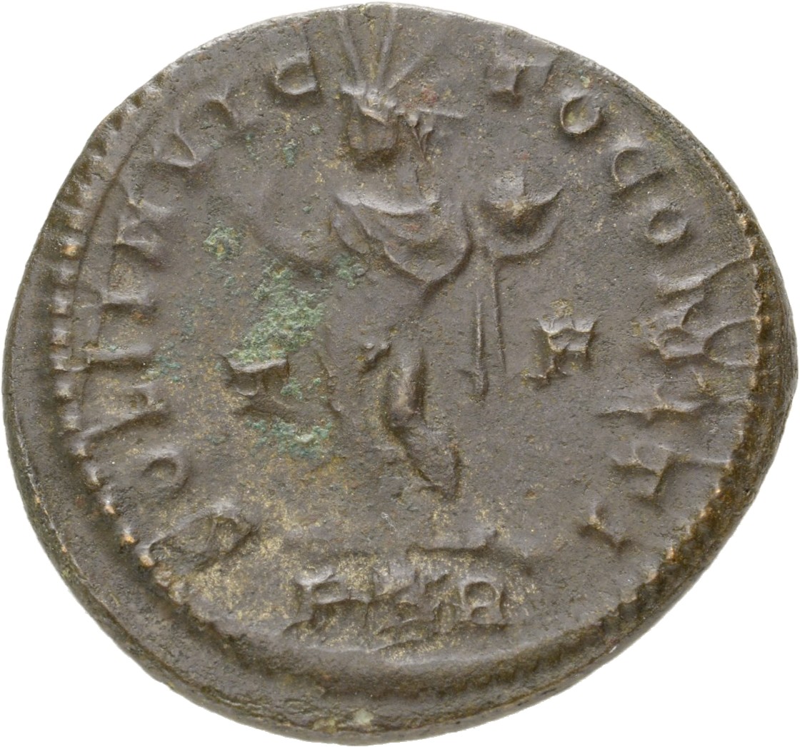 RIC VI Treveri 870 Constantine I reverse, Sol, chlamys draped over left shoulder, standing left (or standing front, head l...