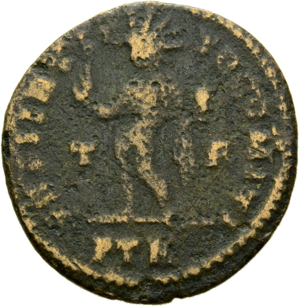 RIC VI Treveri 872 Constantine I reverse, Sol, chlamys draped over left shoulder, standing left (or standing front, head l...