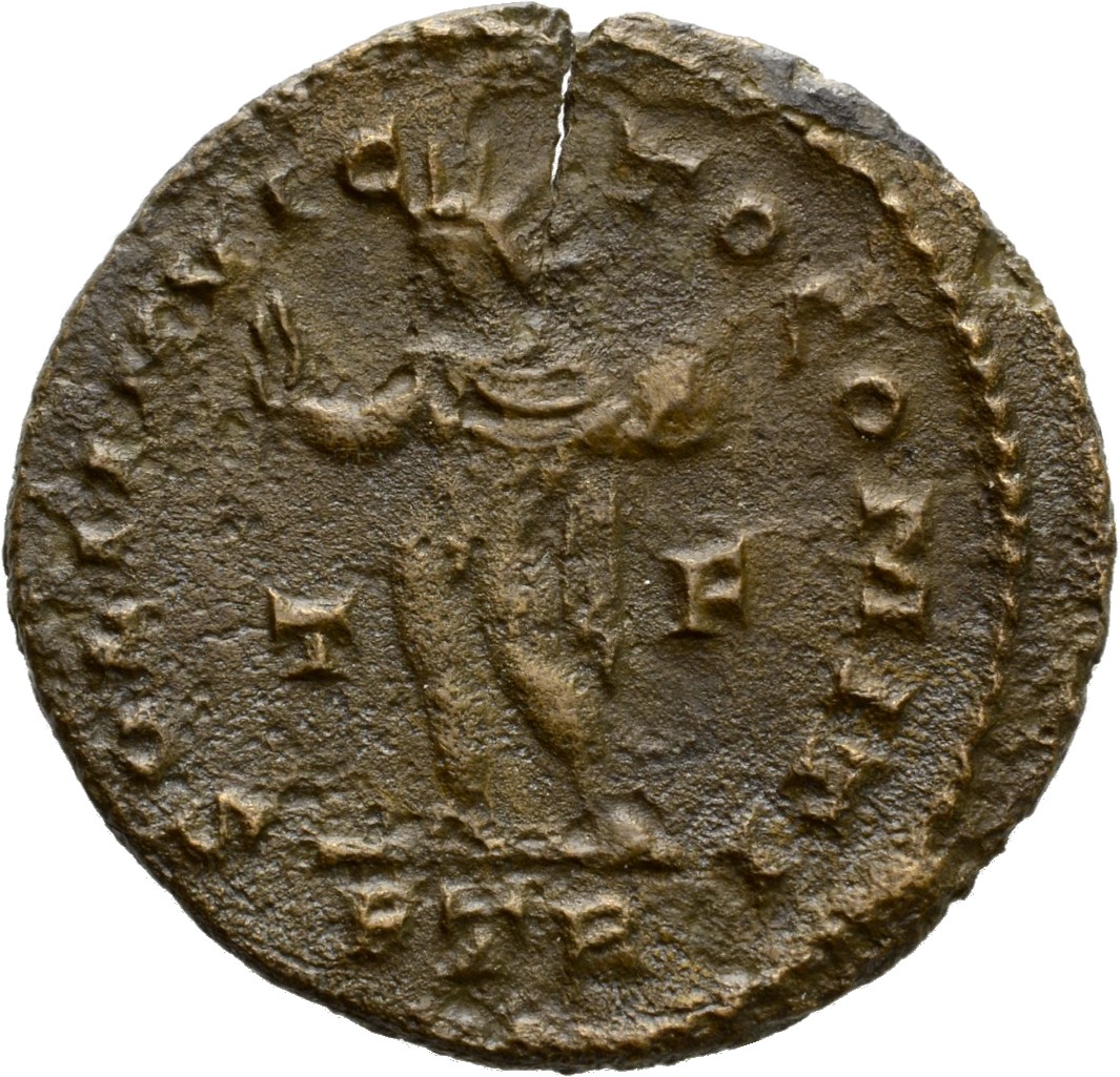 RIC VI Treveri 873 Constantine I reverse, Sol, chlamys draped over left shoulder, standing left (or standing front, head l...