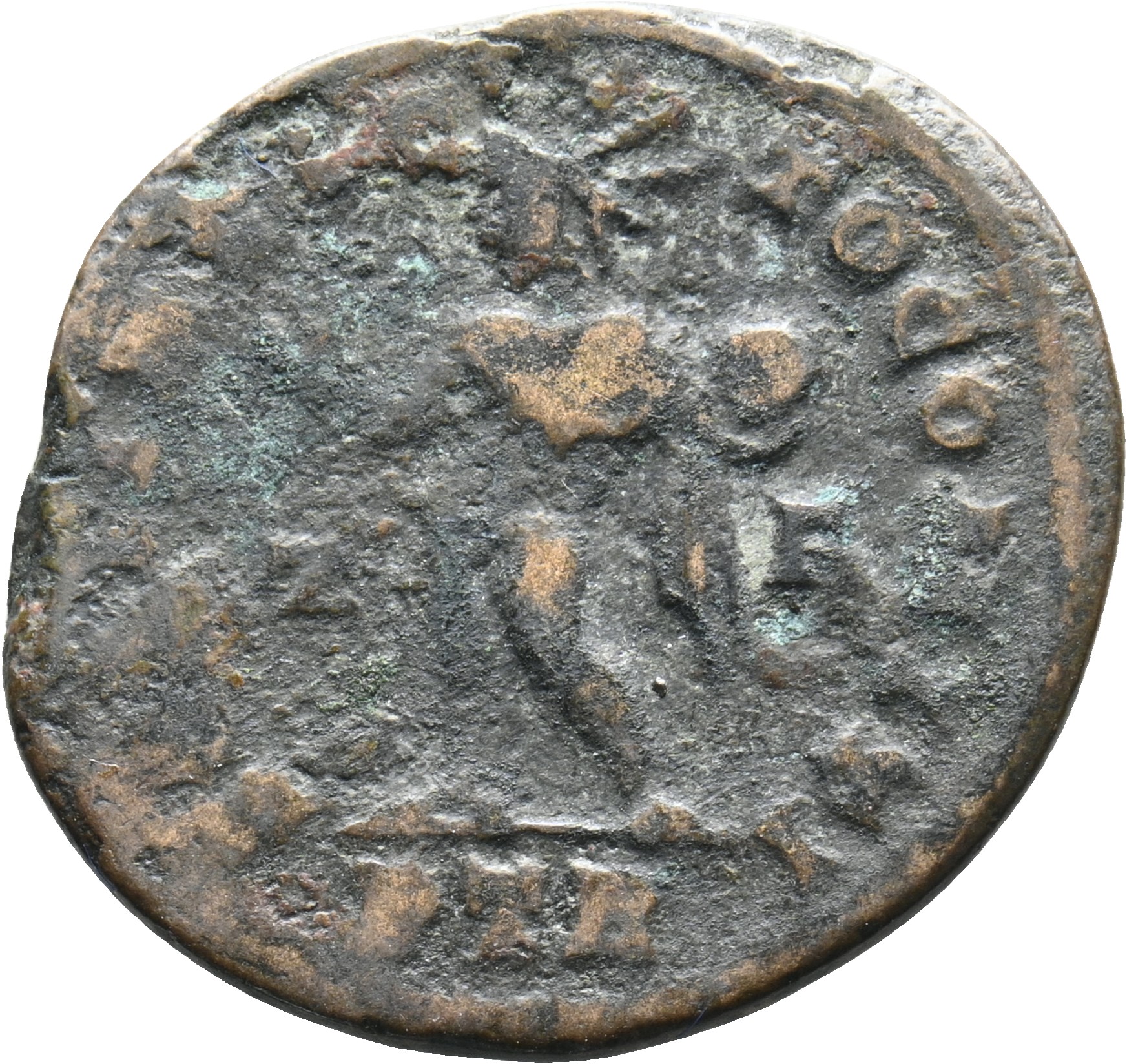 RIC VI Treveri 873 Constantine I reverse, Sol, chlamys draped over left shoulder, standing left (or standing front, head l...