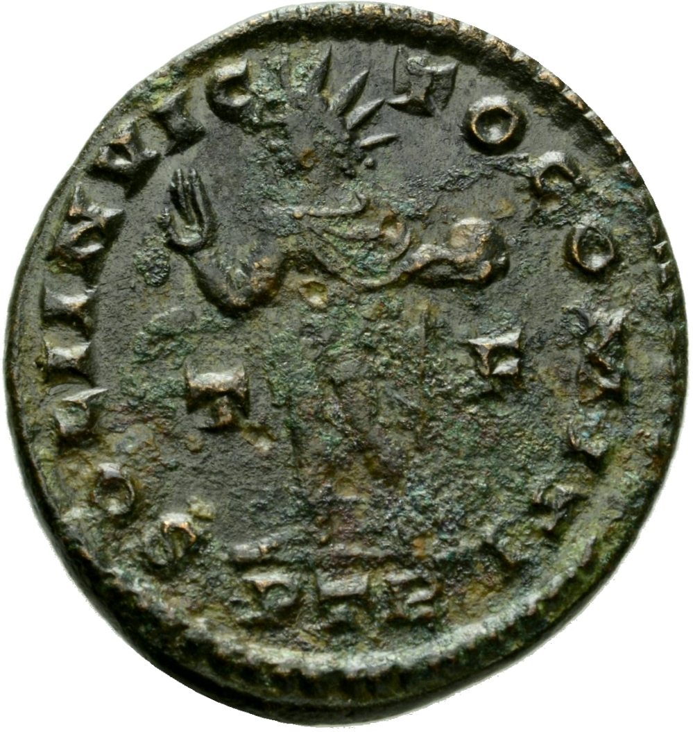 RIC VI Treveri 875 Constantine I reverse, Sol, chlamys draped over left shoulder, standing left (or standing front, head l...