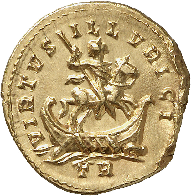 RIC VI Treveri 87b Maximian reverse, Maximian, draped, cuirassed, galloping right, spearing downwards; below horse, galley...