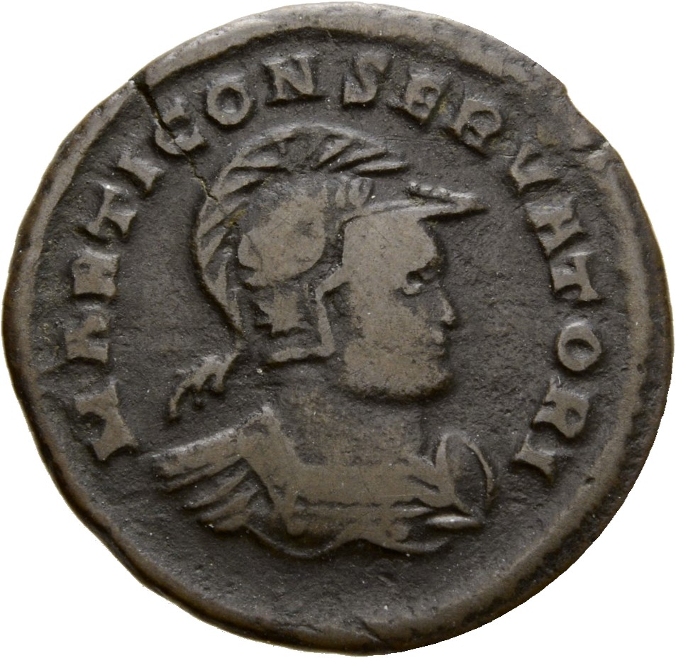 RIC VI Treveri 881 Constantine I reverse, Bust of Mars, helmeted, cuirassed, right