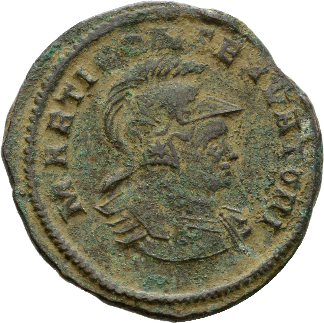 RIC VI Treveri 884 Constantine I reverse, Bust of Mars, helmeted, cuirassed, right
