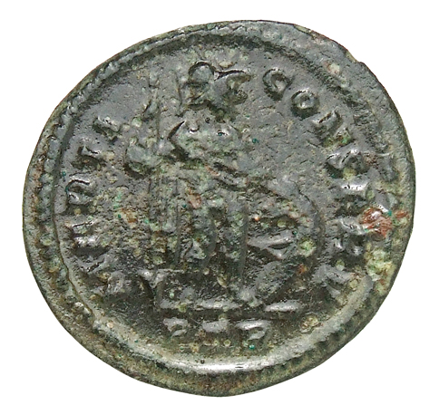 RIC VI Treveri 896 Constantine I reverse, Mars, helmeted, standing right, leaning on reversed spear with right hand and pl...