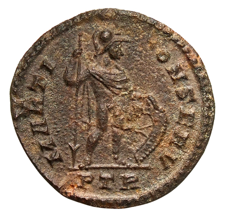 RIC VI Treveri 897 Constantine I reverse, Mars, helmeted, standing right, leaning on reversed spear with right hand and pl...