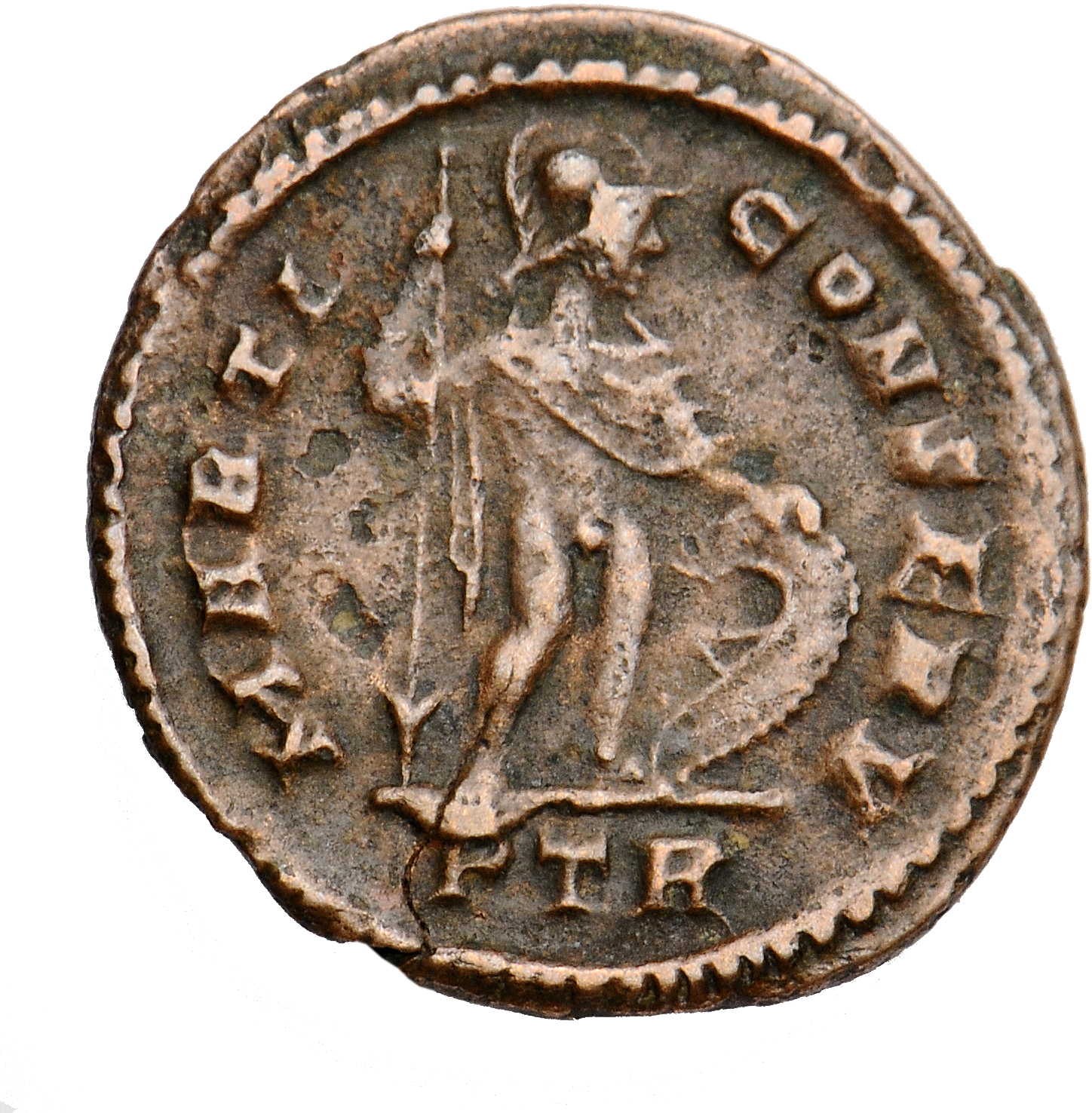 Constantine I reverse — Mars, helmeted, standing right, leaning on reversed spear with right hand and placing left hand on shield