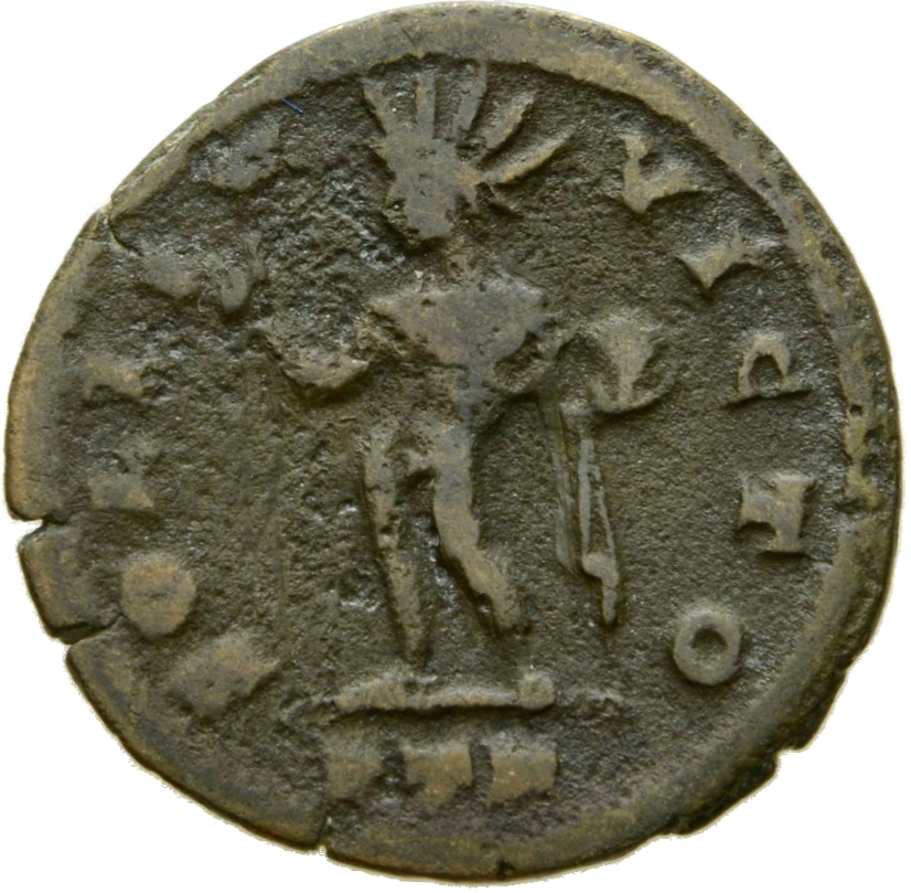 RIC VI Treveri 899 Constantine I reverse, Sol, chlamys draped over left shoulder, standing left (or standing front, head l...