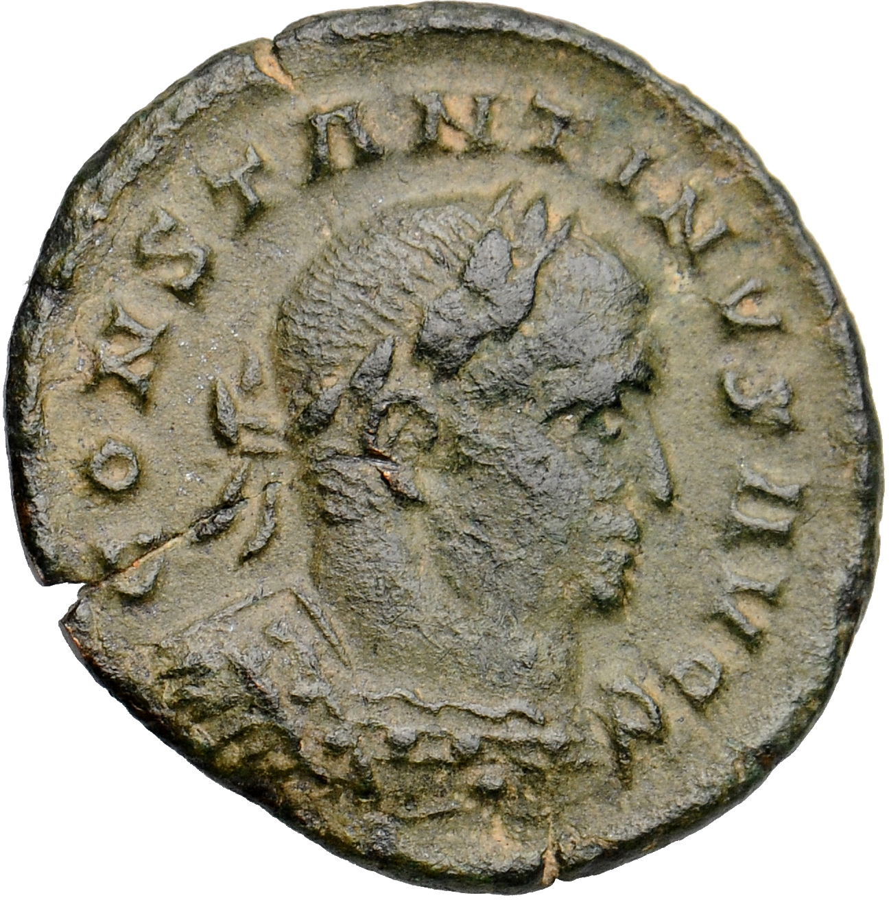 Constantine I obverse — Bust of Constantine I, laureate, cuirassed, right