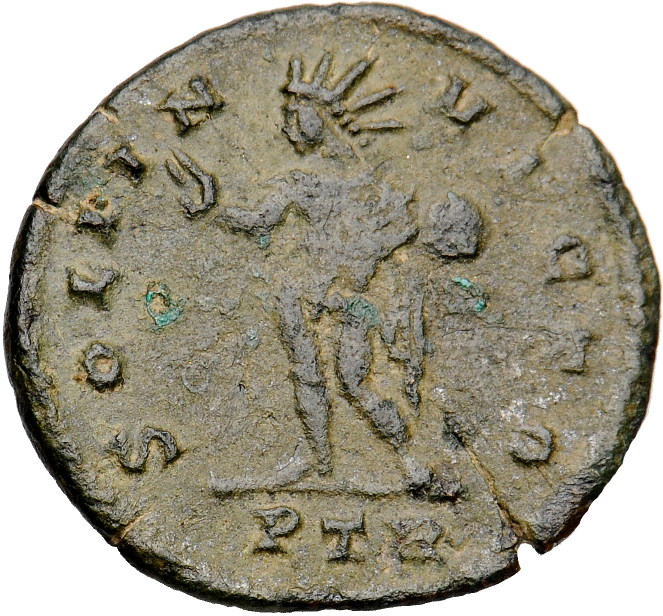 Constantine I reverse — Sol, chlamys draped over left shoulder, standing left (or standing front, head left), raising right hand and holding globe in left hand
