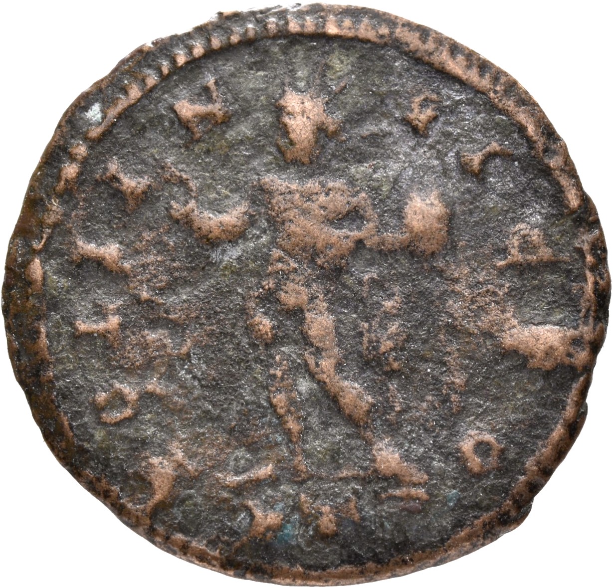 Constantine I reverse — Sol, chlamys draped over left shoulder, standing left (or standing front, head left), raising right hand and holding globe in left hand