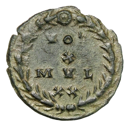 RIC VI Treveri 901 Constantine I reverse, VOT / X / MVL / XX within a wreath