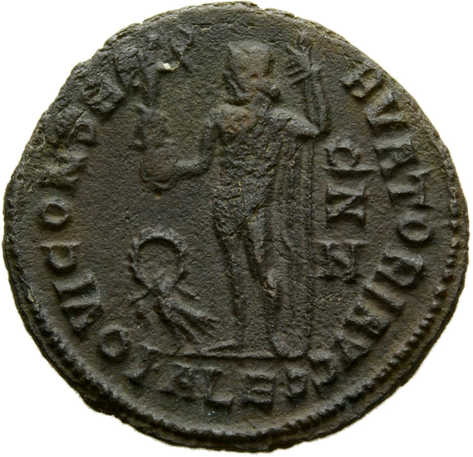 RIC VII Alexandria 10 Licinius reverse — Jupiter, nude, chlamys spread, standing left, holding Victory on globe in right h...