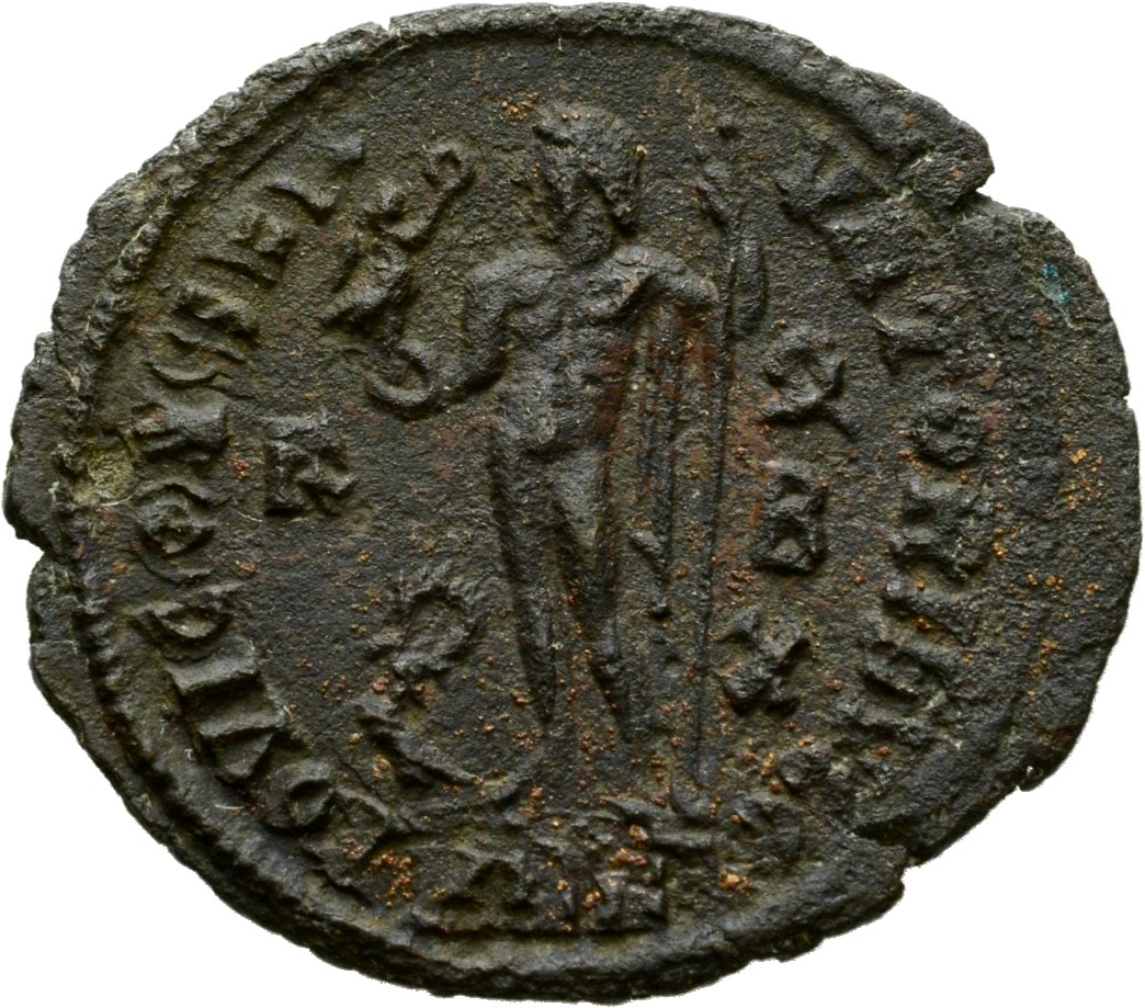 RIC VII Alexandria 13 Licinius reverse, Jupiter, nude, chlamys spread, standing left, holding Victory on globe in right ha...