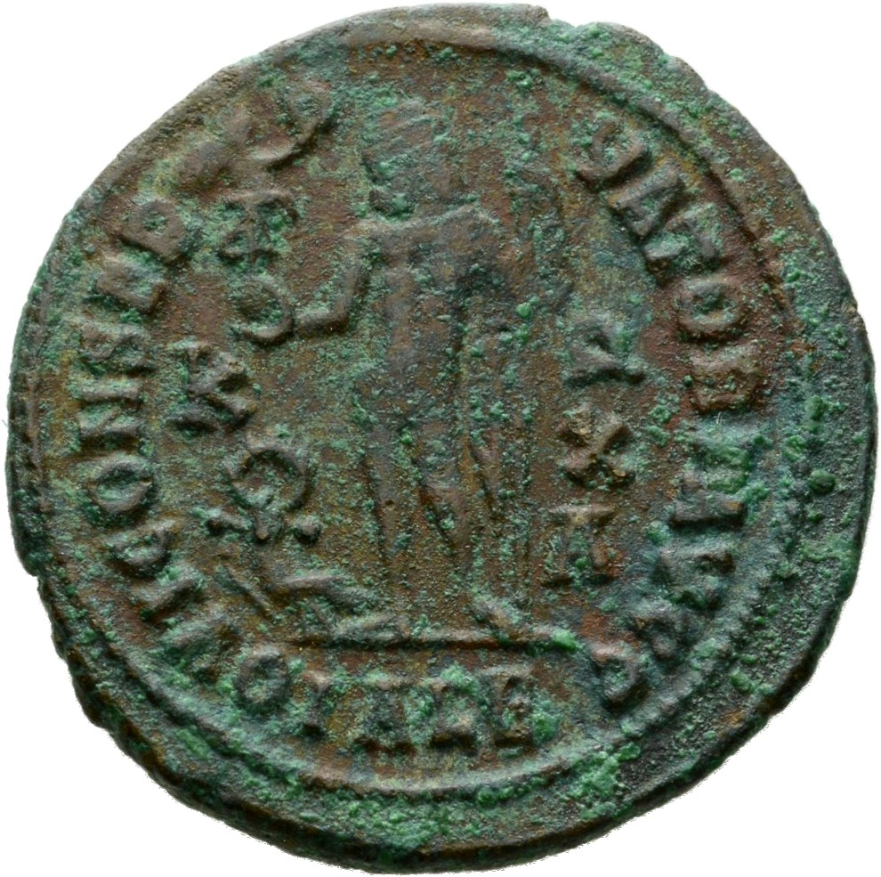 RIC VII Alexandria 13 Licinius reverse — Jupiter, nude, chlamys spread, standing left, holding Victory on globe in right h...