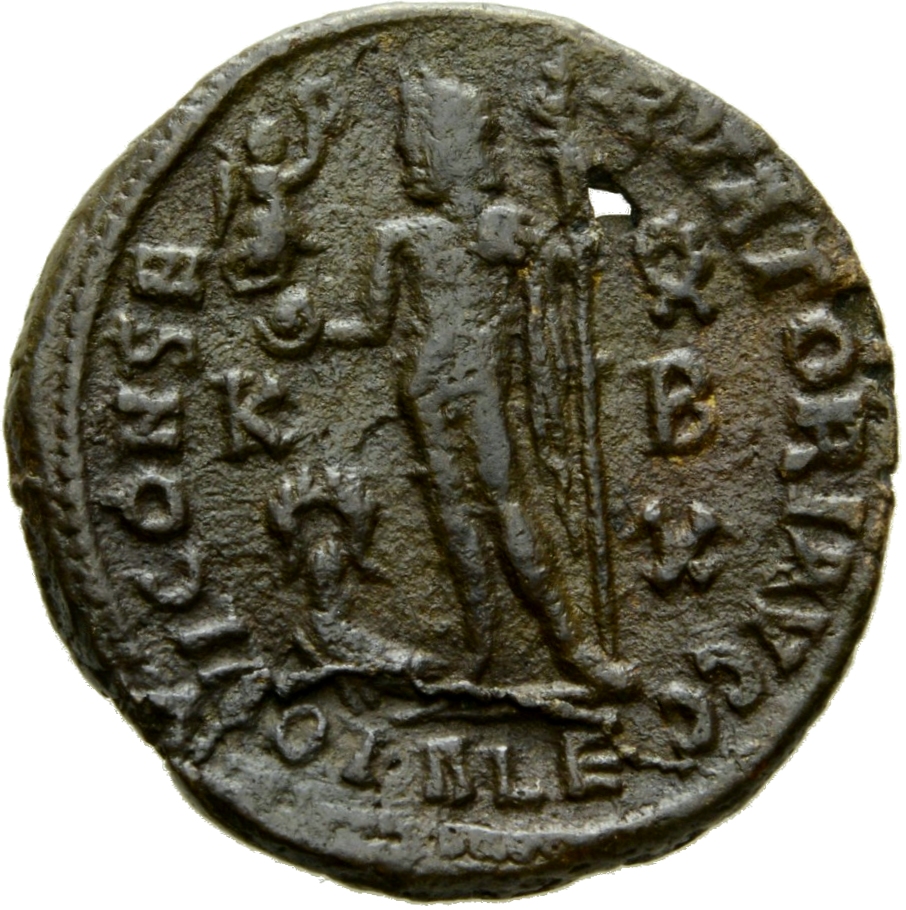 RIC VII Alexandria 14 Licinius reverse, Jupiter, nude, chlamys spread, standing left, holding Victory on globe in right ha...