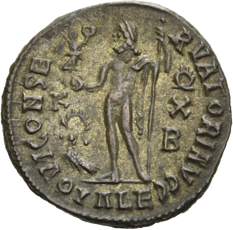 RIC VII Alexandria 16 Licinius reverse, Jupiter, nude, chlamys spread, standing left, holding Victory on globe in right ha...