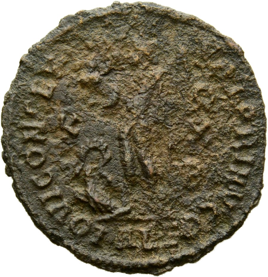 RIC VII Alexandria 17 Licinius reverse, Jupiter, nude, chlamys spread, standing left, holding Victory on globe in right ha...