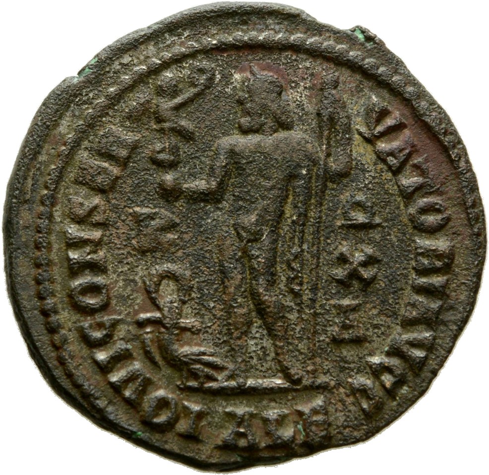 RIC VII Alexandria 18 Licinius reverse, Jupiter, nude, chlamys spread, standing left, holding Victory on globe in right ha...