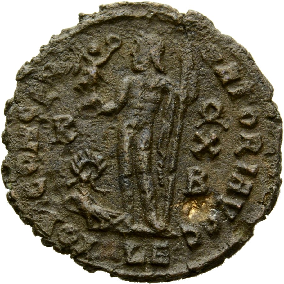 RIC VII Alexandria 18 Licinius reverse — Jupiter, nude, chlamys spread, standing left, holding Victory on globe in right h...