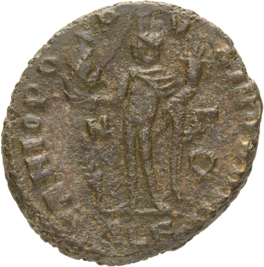 RIC VII Alexandria 2 Licinius reverse, Genius, wearing modius, chlamys draped across left shoulder, standing left, holding...