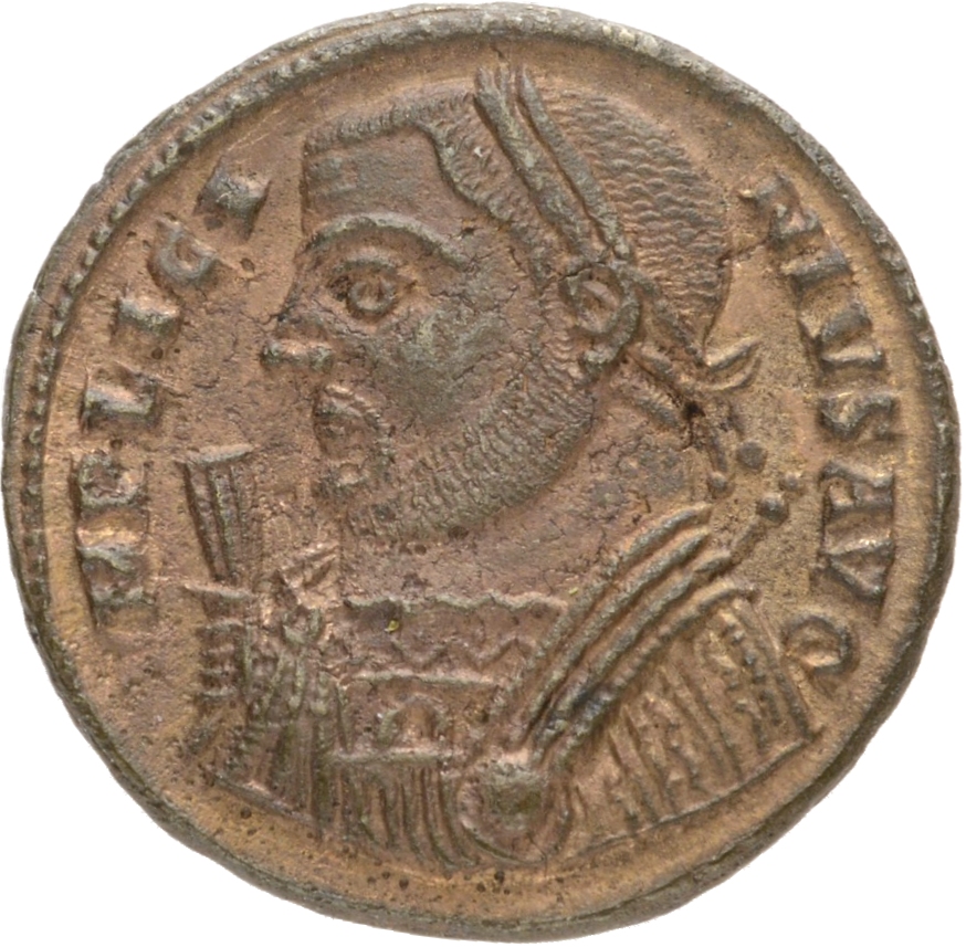 RIC VII Alexandria 23 Licinius obverse, Bust of Licinius, laureate, draped, left, holding sceptre in right hand and mappa ...