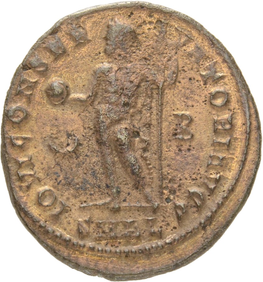 RIC VII Alexandria 23 Licinius reverse, Jupiter, nude, chlamys spread, standing left, holding globe in right hand and lean...