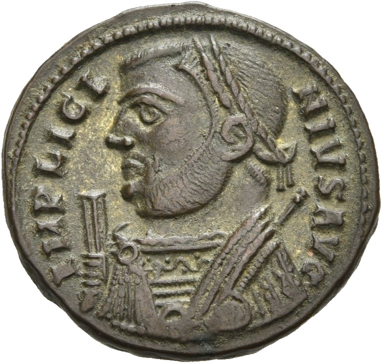 RIC VII Alexandria 23 Licinius obverse — Bust of Licinius, laureate, draped, left, holding sceptre in right hand and mappa...