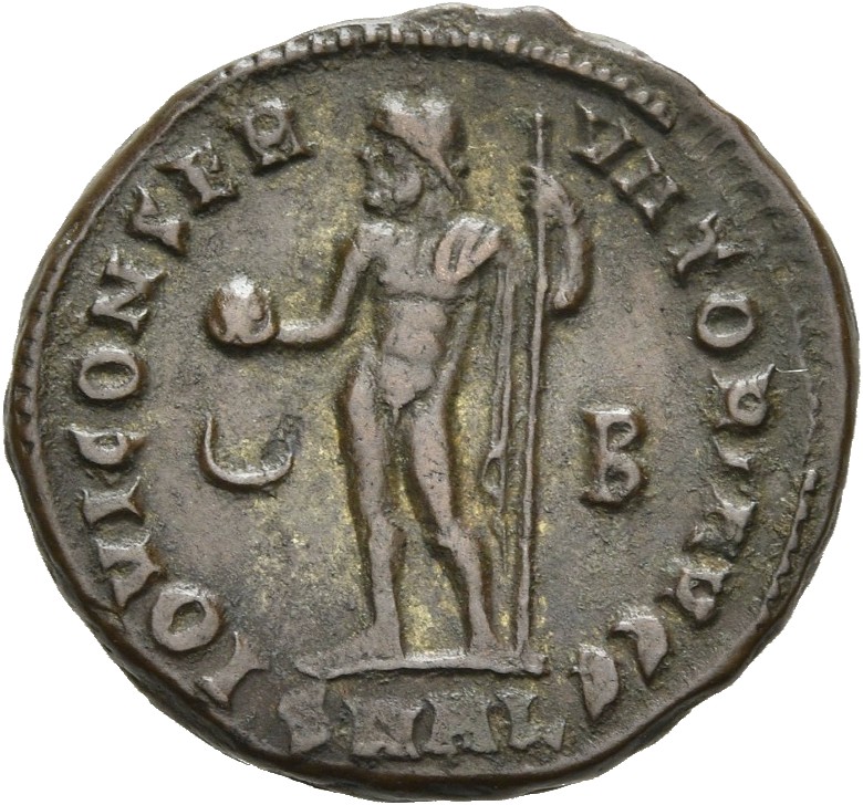 RIC VII Alexandria 23 Licinius reverse — Jupiter, nude, chlamys spread, standing left, holding globe in right hand and lea...