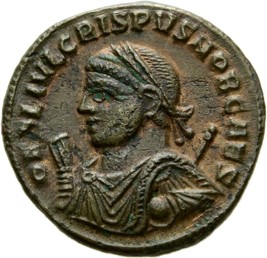 RIC VII Alexandria 24 Licinius obverse, Bust of Crispus, laureate, draped, left, holding sceptre in right hand and mappa i...