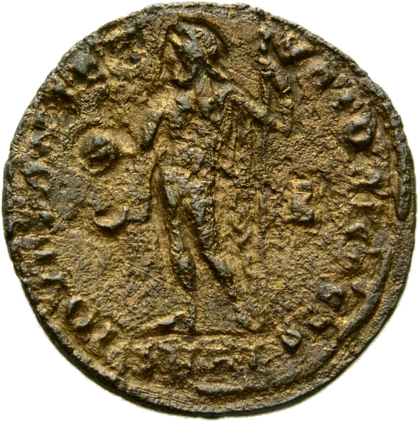 RIC VII Alexandria 24 Licinius reverse, Jupiter, nude, chlamys spread, standing left, holding globe in right hand and lean...