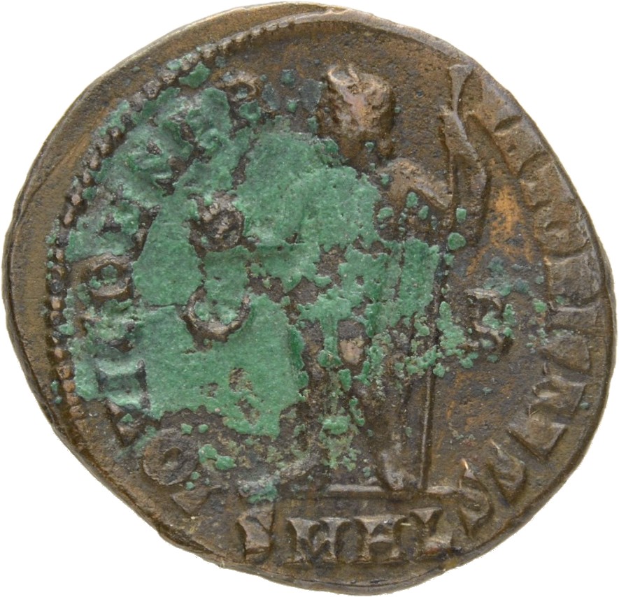 RIC VII Alexandria 25 Licinius reverse, Jupiter, nude, chlamys spread, standing left, holding globe in right hand and lean...