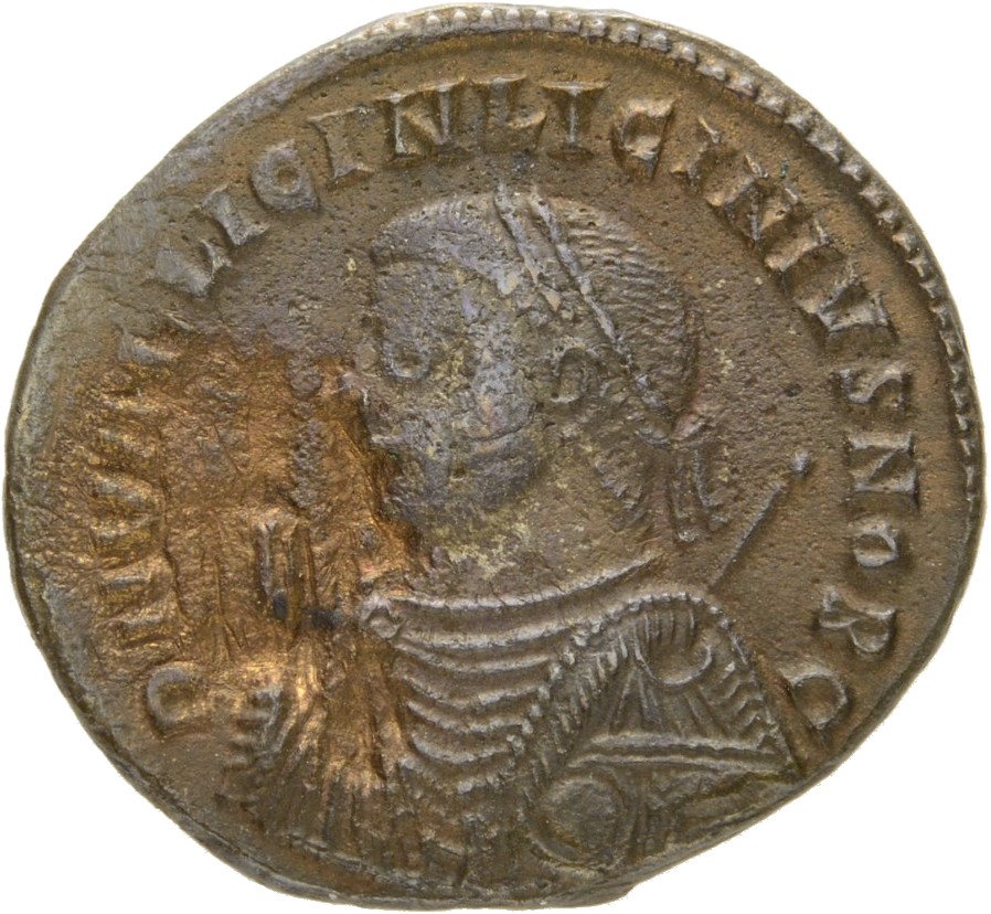 RIC VII Alexandria 25 Licinius obverse, Bust of Licinius II, laureate, draped, left, holding sceptre in right hand and map...